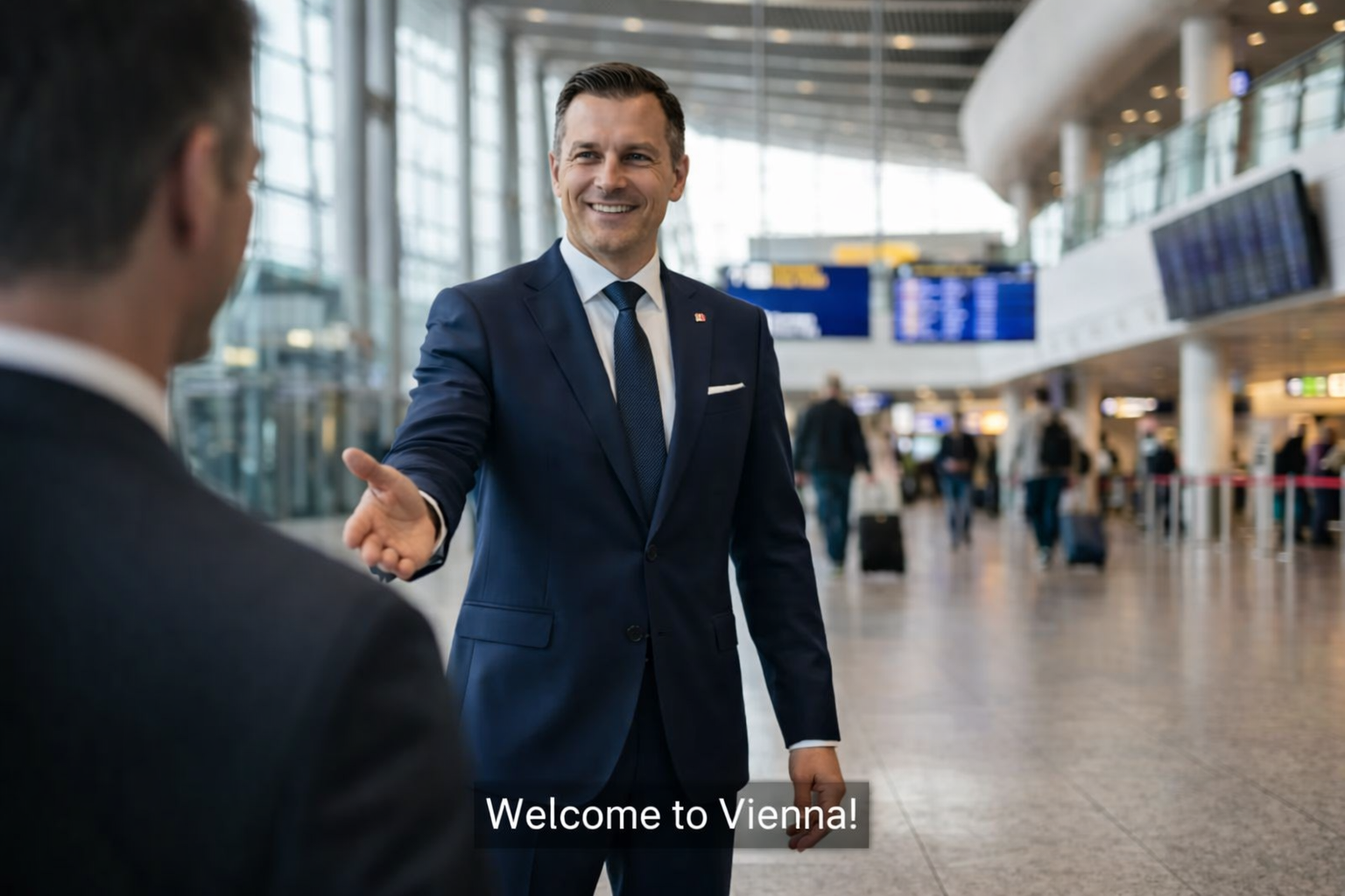 Chauffeur welcome scene for travelers from Madrid arriving in Vienna